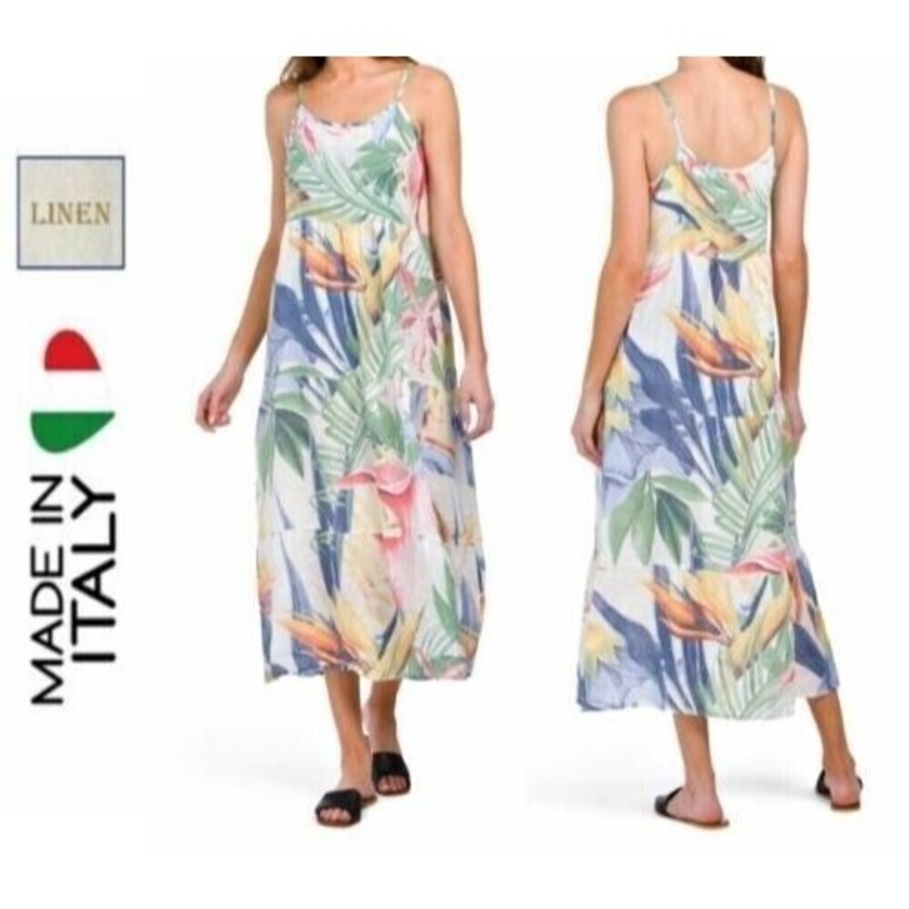 Elena Baldi Italy‎ women Linen Maxi Dress Hawaiian Print Sleeveless S